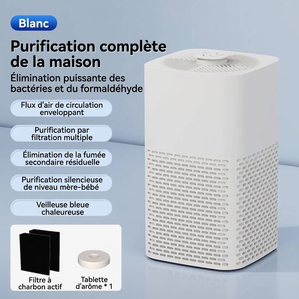 Purificateur d'air de bureau portable avec filtre HEPA, flux d'air puissant, fonctionnement ultra-silencieux, veilleuse apaisante, purificateur d'air compact alimenté par courant continu pour la maison et le bureau