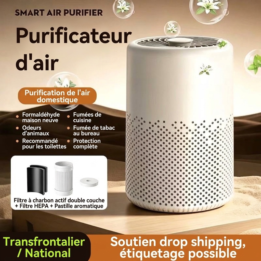 Purificateur d'air intelligent avec filtration multicouche, élimination des odeurs et du formaldéhyde, aromathérapie intégrée, fonctionnement silencieux, pour la maison et le bureau