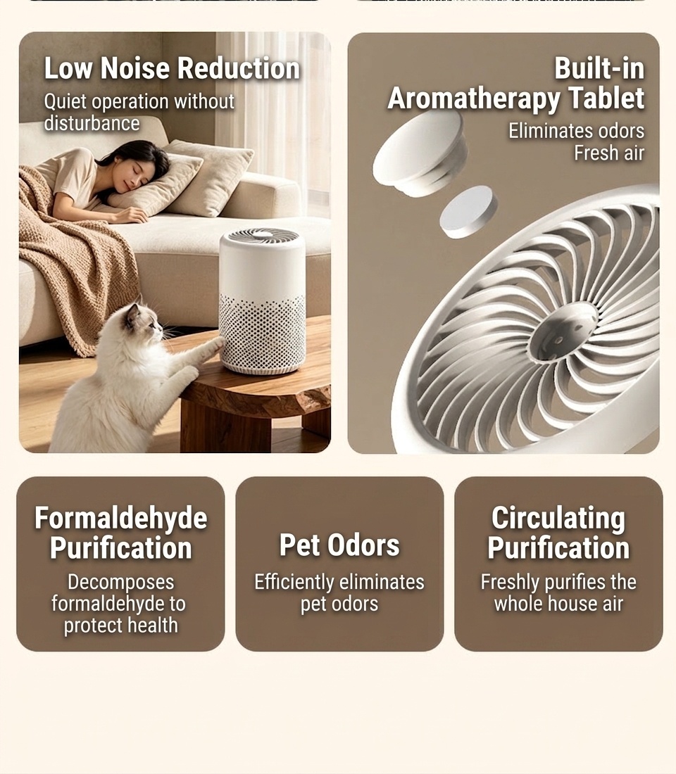 Smart Air Purifier with Multi-Layer Filtration, Odor & Formaldehyde Removal, Built-in Aromatherapy, Quiet Operation Air Cleaner for Home & Office