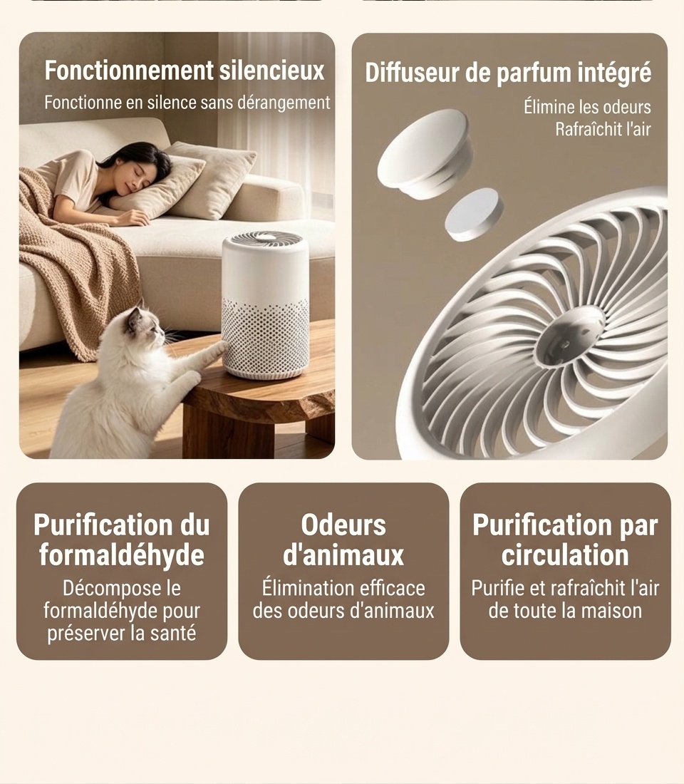 Purificateur d'air intelligent avec filtration multicouche, élimination des odeurs et du formaldéhyde, aromathérapie intégrée, fonctionnement silencieux, pour la maison et le bureau