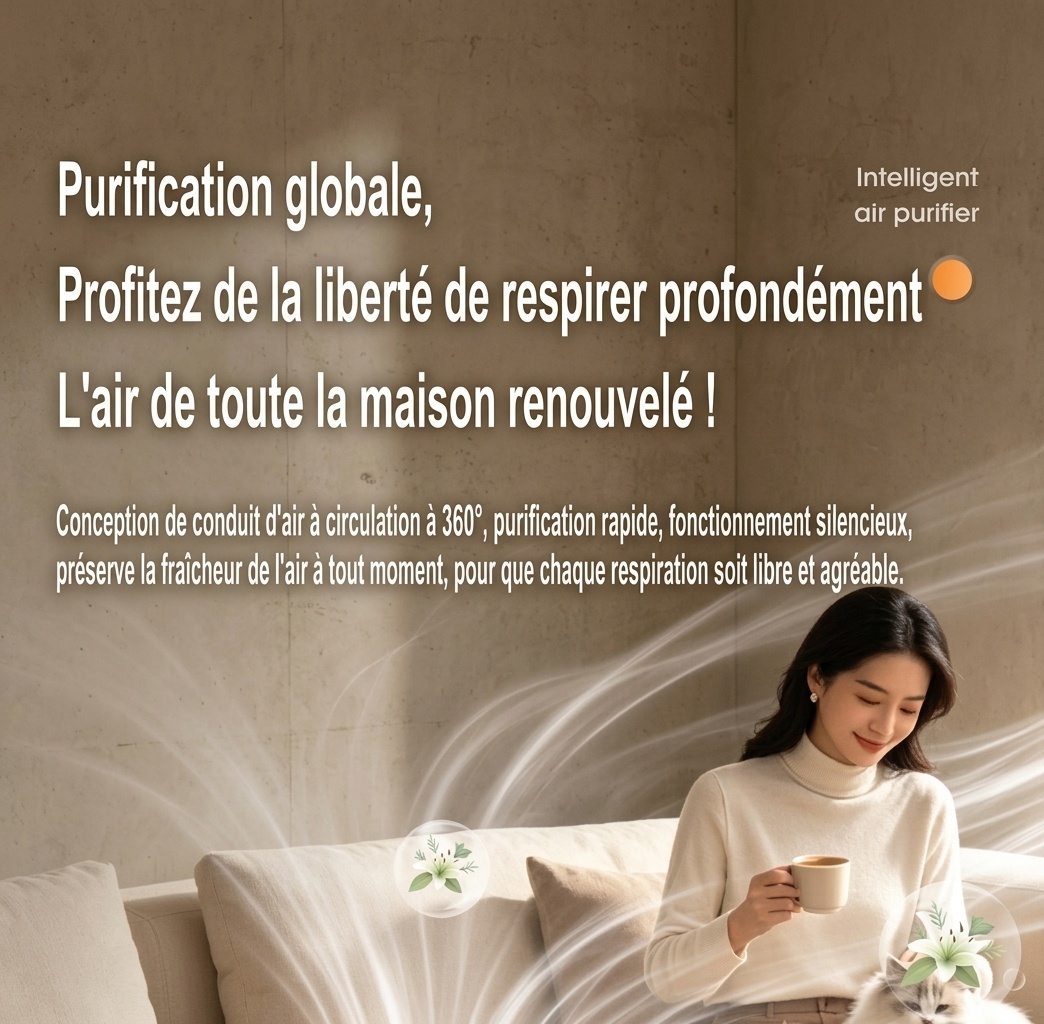Purificateur d'air intelligent avec filtration multicouche, élimination des odeurs et du formaldéhyde, aromathérapie intégrée, fonctionnement silencieux, pour la maison et le bureau