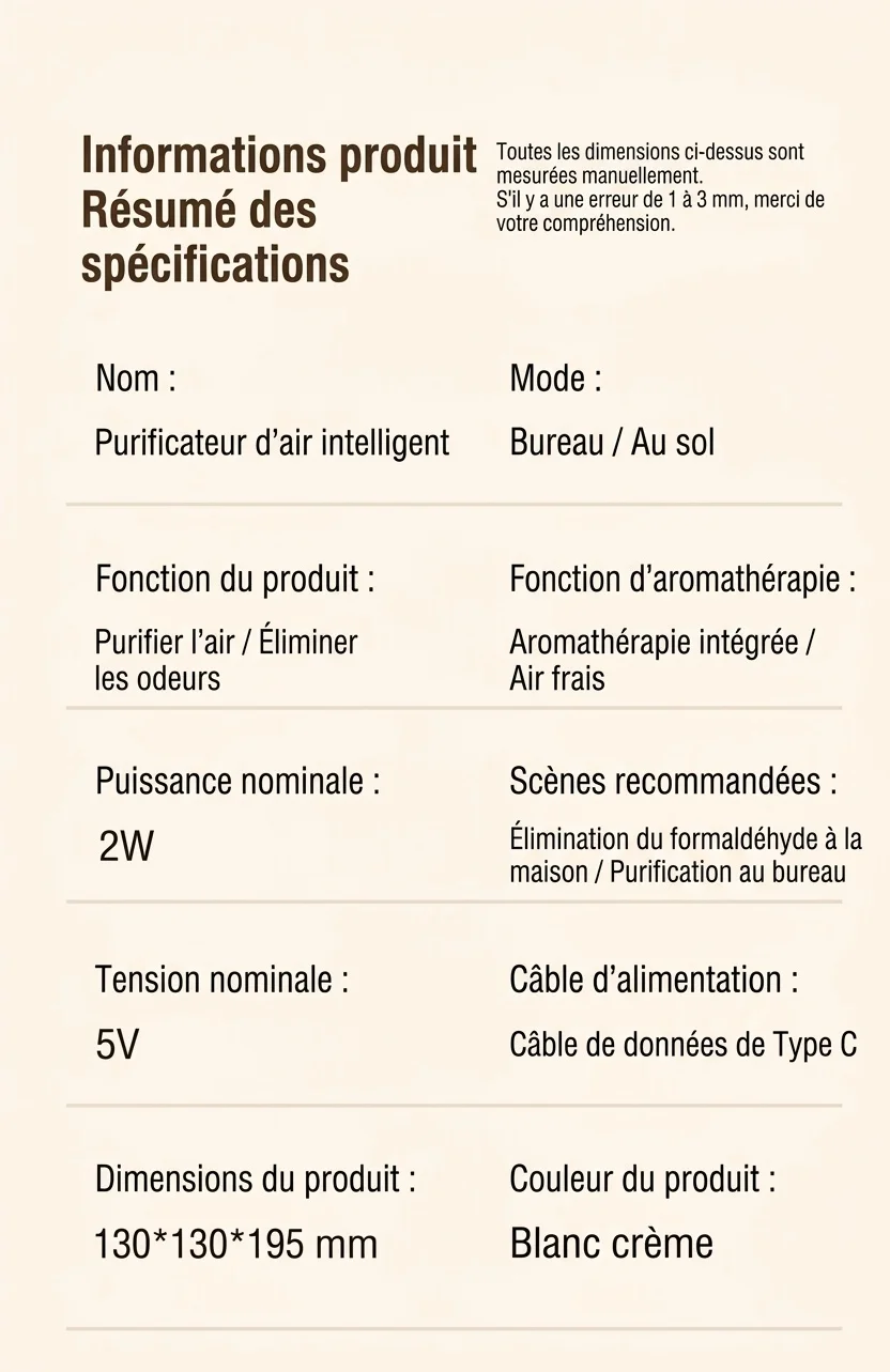Purificateur d'air intelligent avec filtration multicouche, élimination des odeurs et du formaldéhyde, aromathérapie intégrée, fonctionnement silencieux, pour la maison et le bureau
