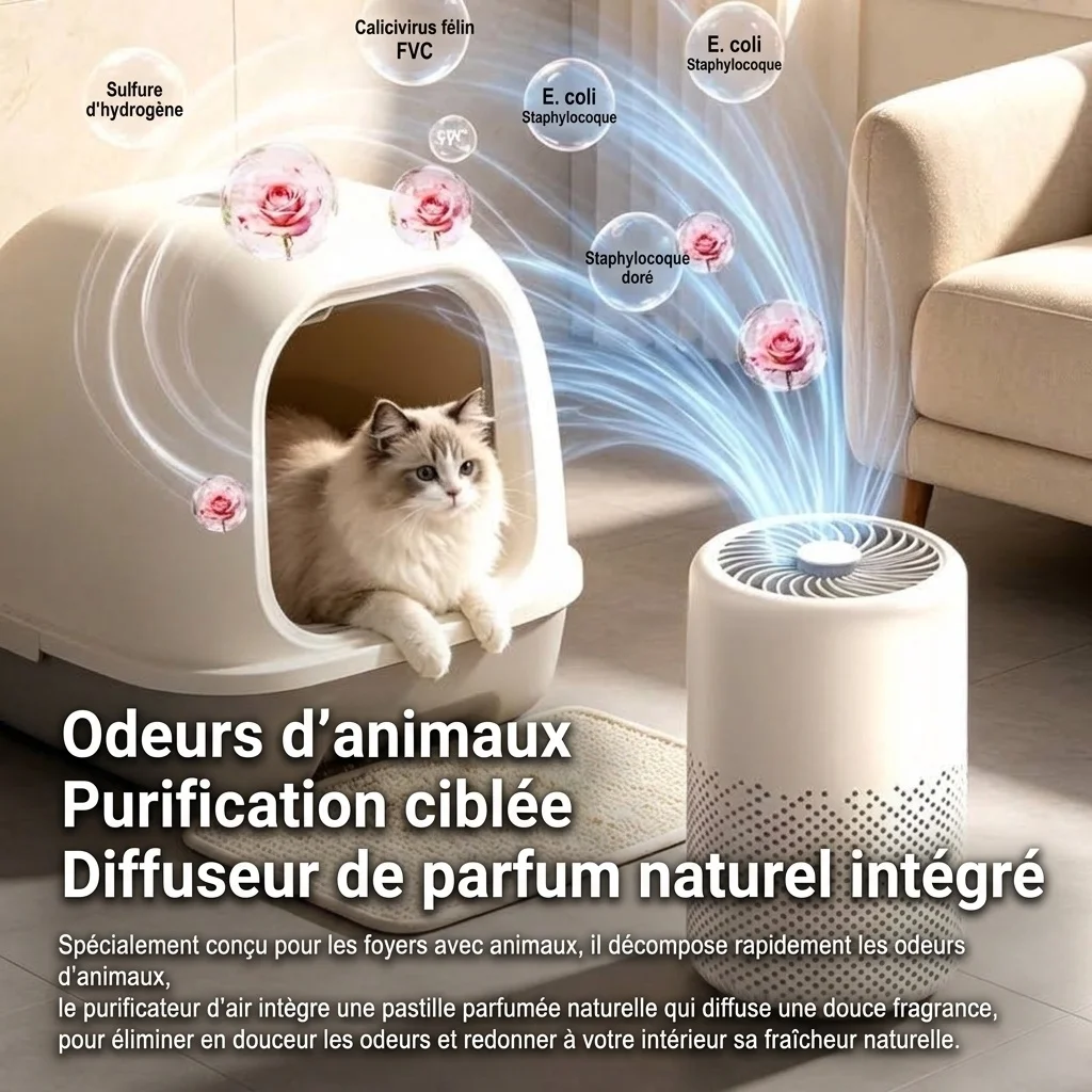 Purificateur d'air intelligent avec filtration multicouche, élimination des odeurs et du formaldéhyde, aromathérapie intégrée, fonctionnement silencieux, pour la maison et le bureau