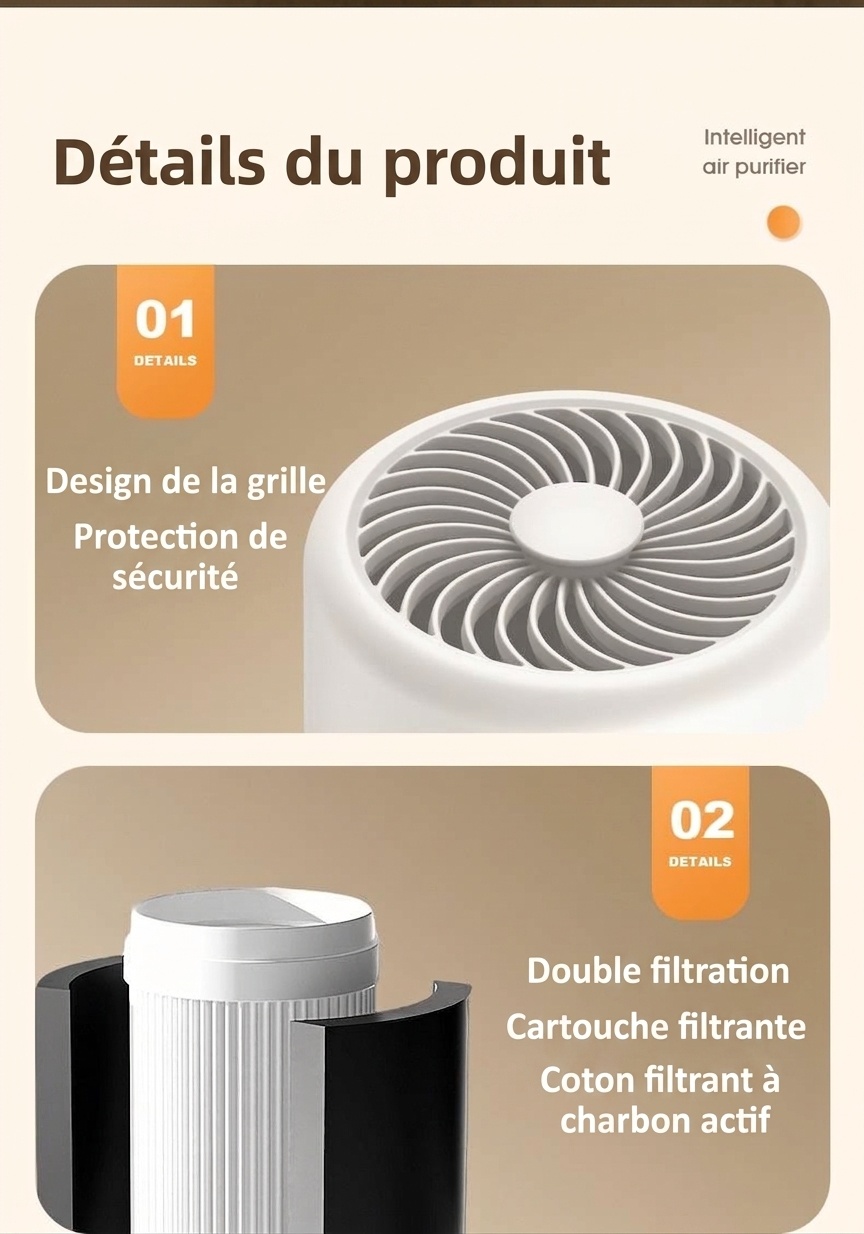 Purificateur d'air intelligent avec filtration multicouche, élimination des odeurs et du formaldéhyde, aromathérapie intégrée, fonctionnement silencieux, pour la maison et le bureau