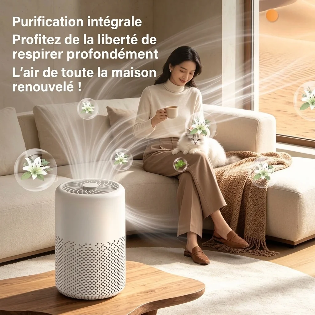 Purificateur d'air intelligent avec filtration multicouche, élimination des odeurs et du formaldéhyde, aromathérapie intégrée, fonctionnement silencieux, pour la maison et le bureau