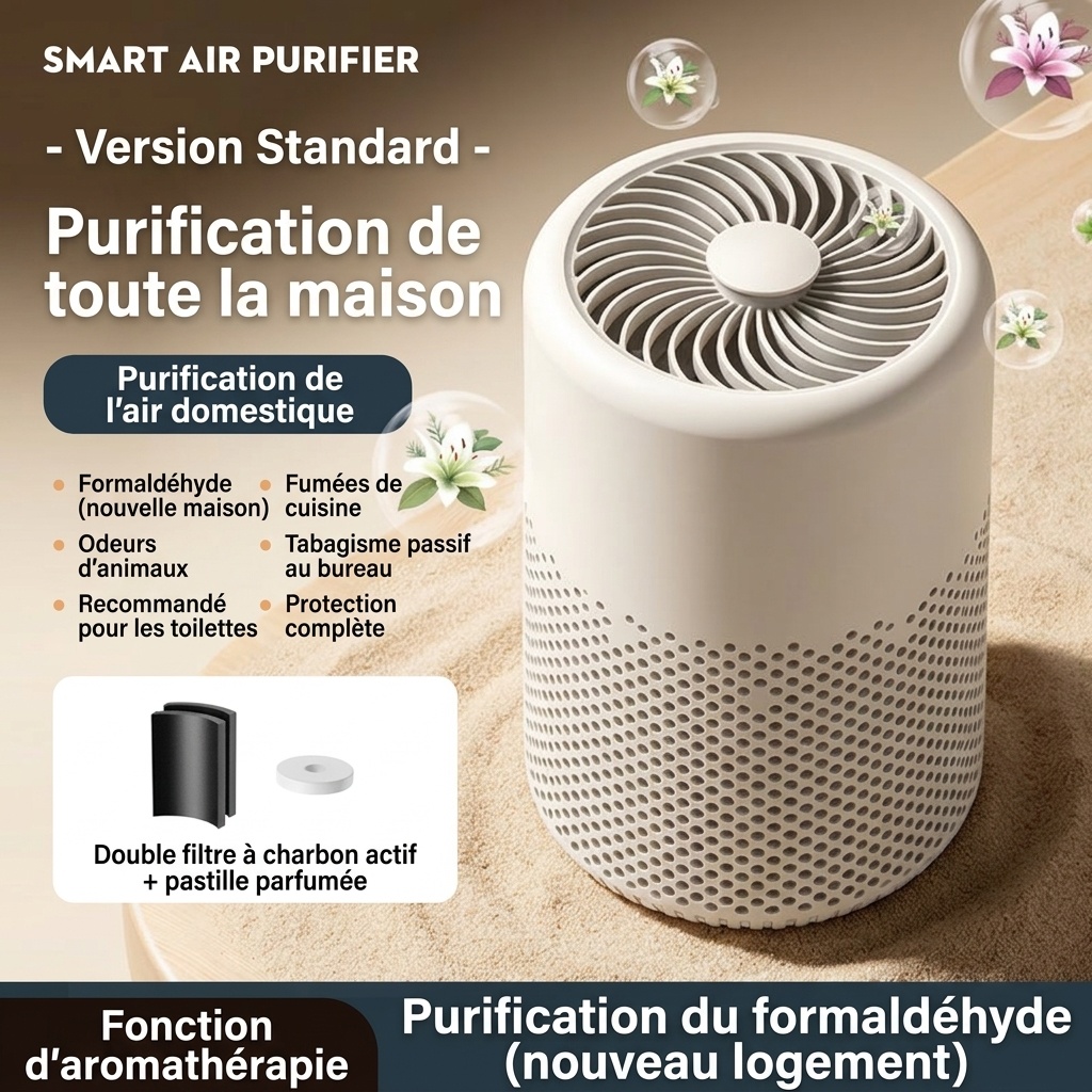 Purificateur d'air intelligent avec filtration multicouche, élimination des odeurs et du formaldéhyde, aromathérapie intégrée, fonctionnement silencieux, pour la maison et le bureau
