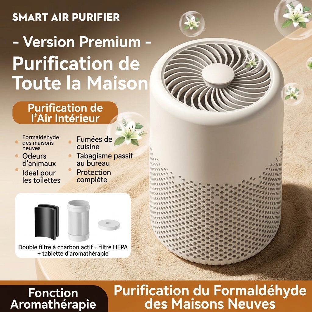 Purificateur d'air intelligent avec filtration multicouche, élimination des odeurs et du formaldéhyde, aromathérapie intégrée, fonctionnement silencieux, pour la maison et le bureau