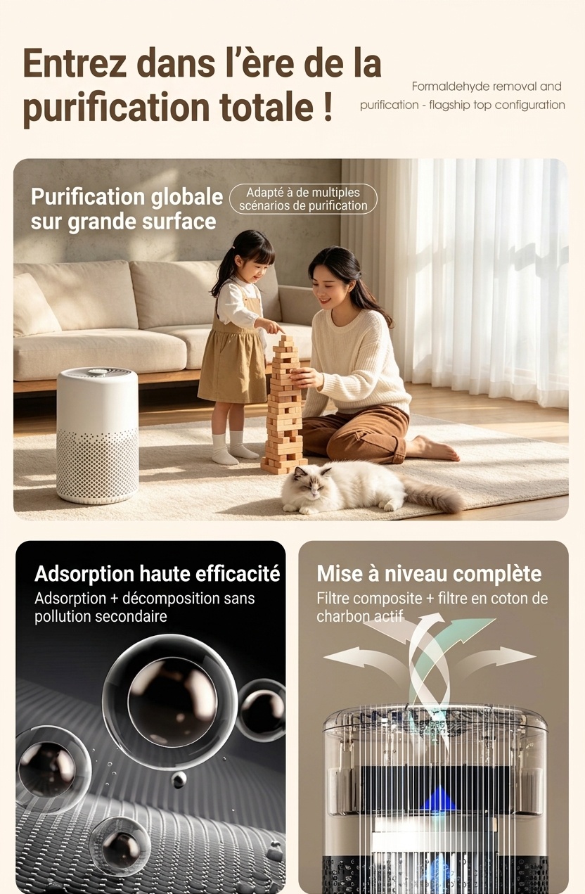 Purificateur d'air intelligent avec filtration multicouche, élimination des odeurs et du formaldéhyde, aromathérapie intégrée, fonctionnement silencieux, pour la maison et le bureau