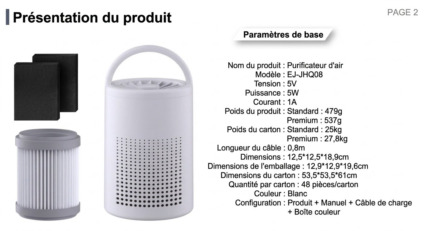 Purificateur d'air portable avec filtration HEPA multicouche et technologie ionique négative, fonctionnement silencieux, alimentation USB-C pour éliminer les odeurs et les polluants