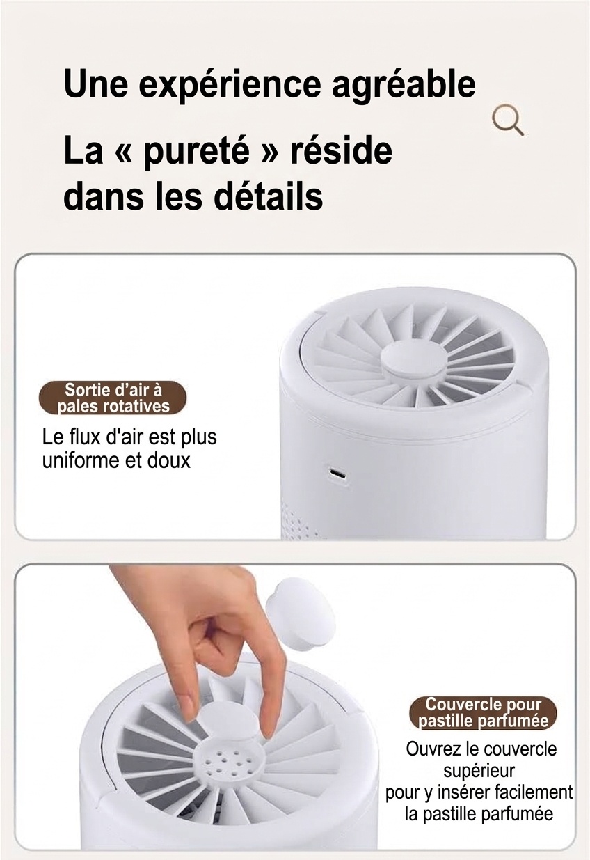 Purificateur d'air portable avec filtration HEPA multicouche et technologie ionique négative, fonctionnement silencieux, alimentation USB-C pour éliminer les odeurs et les polluants