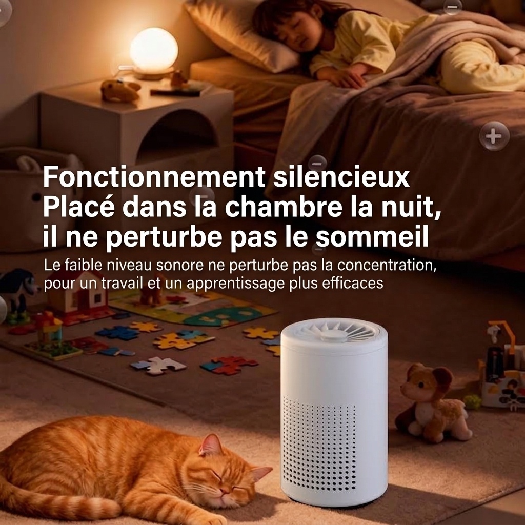 Purificateur d'air portable avec filtration HEPA multicouche et technologie ionique négative, fonctionnement silencieux, alimentation USB-C pour éliminer les odeurs et les polluants
