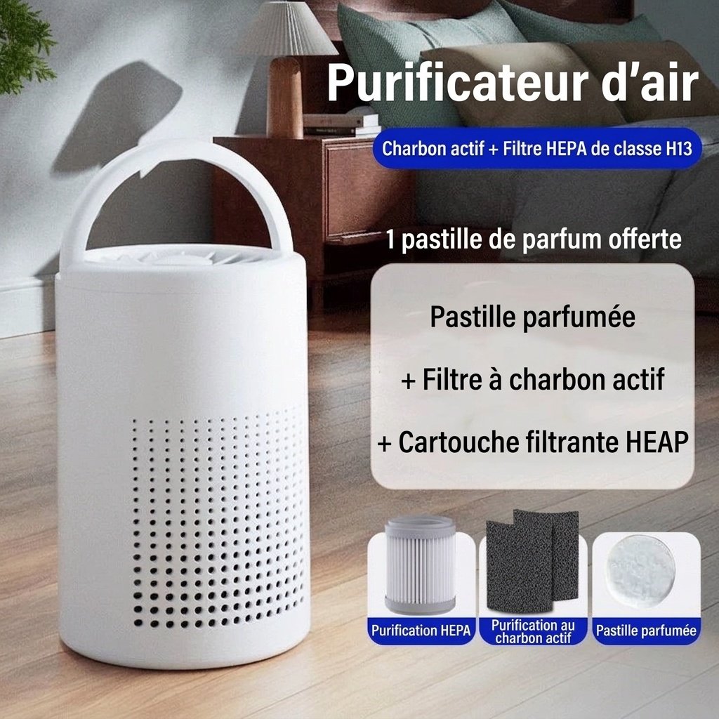 Purificateur d'air portable avec filtration HEPA multicouche et technologie ionique négative, fonctionnement silencieux, alimentation USB-C pour éliminer les odeurs et les polluants