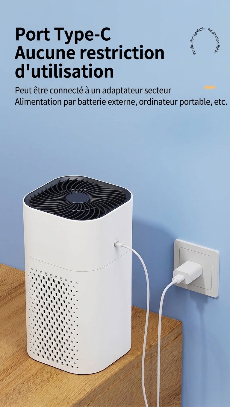 Purificateur d'air portable HEPA avec charbon actif, ioniseur à lumière bleue et réservoir d'aromathérapie, 2 vitesses, mode nuit silencieux, alimentation USB-C