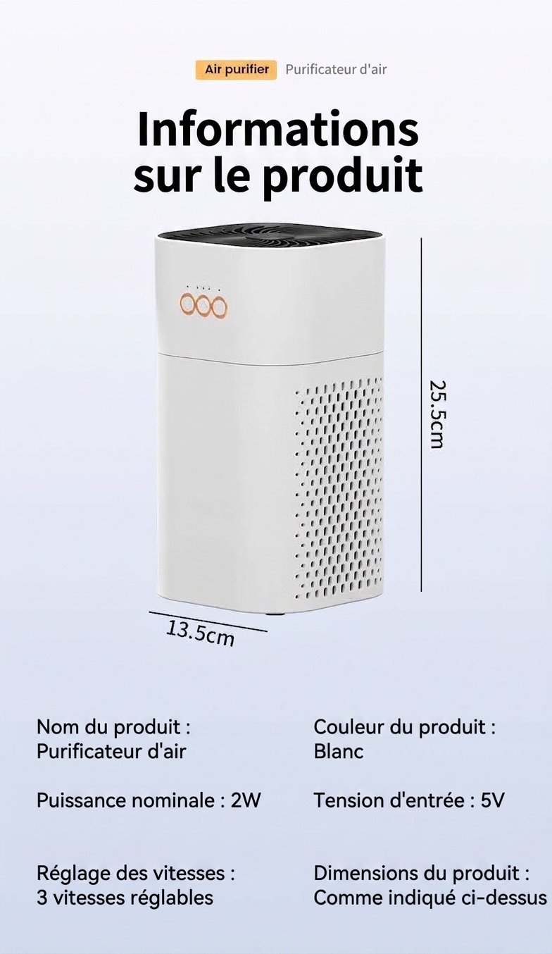 Purificateur d'air portable HEPA avec charbon actif, ioniseur à lumière bleue et réservoir d'aromathérapie, 2 vitesses, mode nuit silencieux, alimentation USB-C