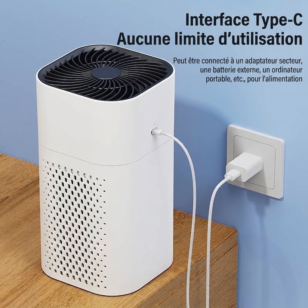 Purificateur d'air portable HEPA avec charbon actif, ioniseur à lumière bleue et réservoir d'aromathérapie, 2 vitesses, mode nuit silencieux, alimentation USB-C