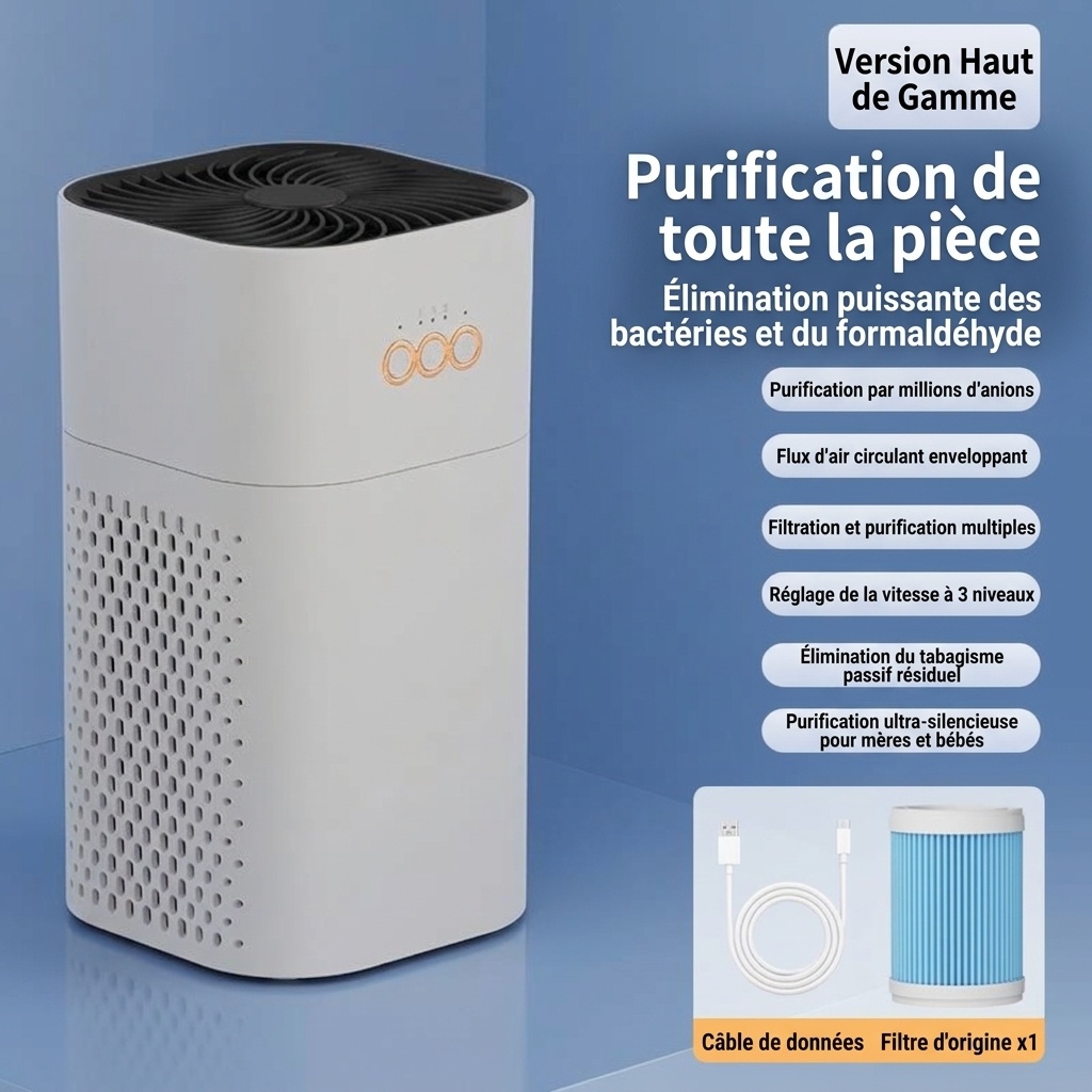 Purificateur d'air portable HEPA avec charbon actif, ioniseur à lumière bleue et réservoir d'aromathérapie, 2 vitesses, mode nuit silencieux, alimentation USB-C