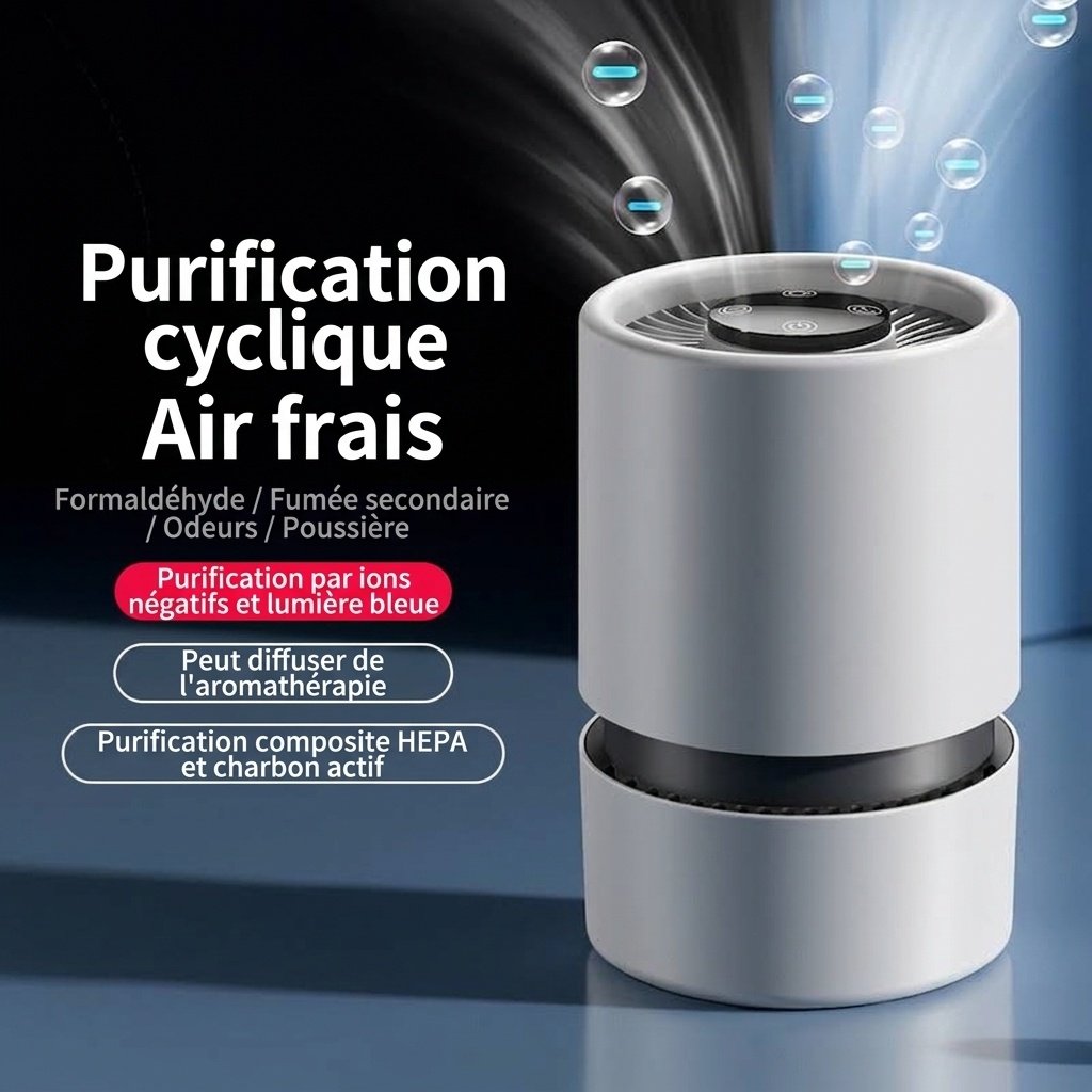 Purificateur d'air portable pour la maison avec filtre HEPA multicouche et parfum intégré, fonctionnement silencieux, élimine la poussière, le pollen et les odeurs, alimentation USB