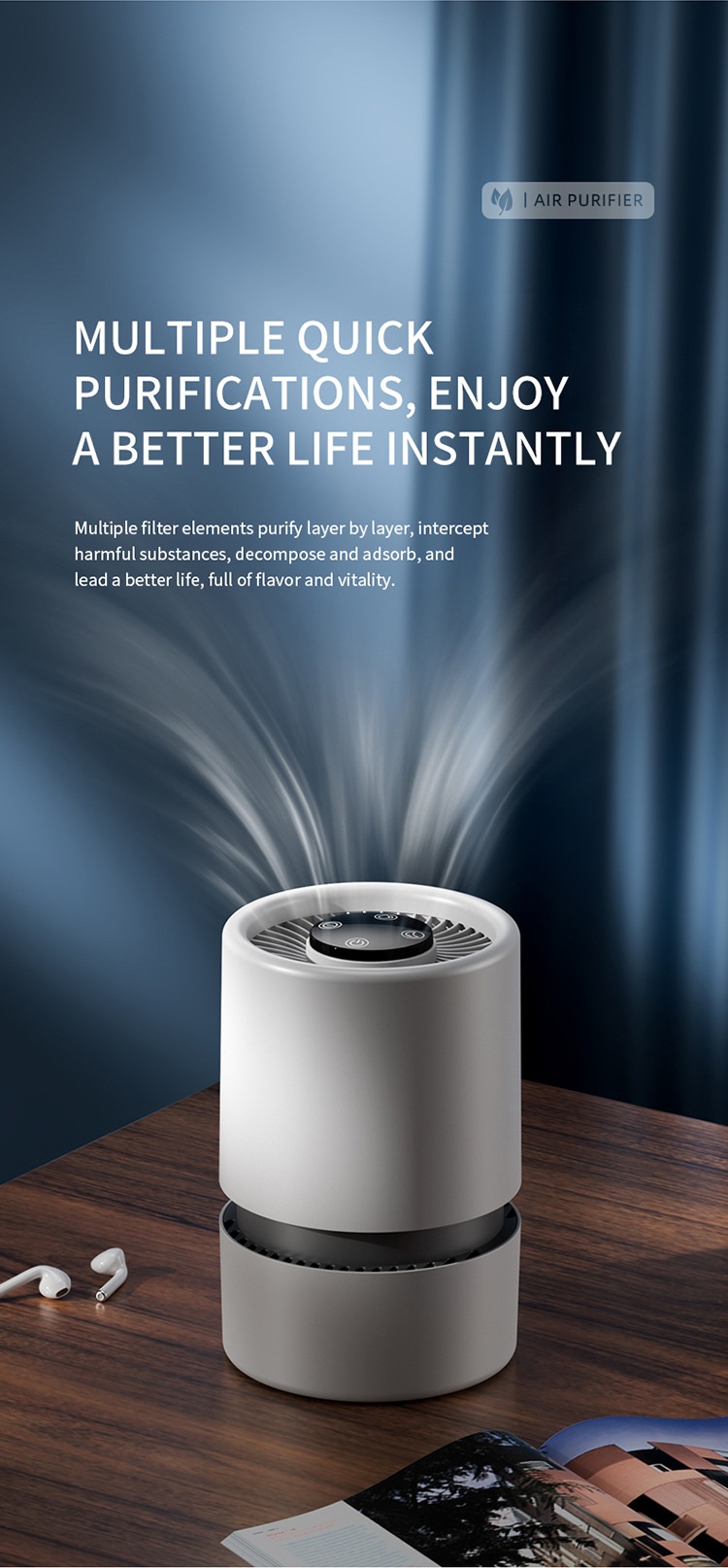 Portable Home Air Purifier with Multi-Layer HEPA Filter & Built-in Fragrance, Quiet Operation Air Cleaner for Dust, Pollen & Odors, USB Powered