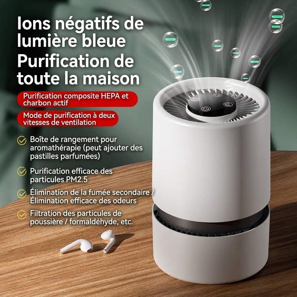 Purificateur d'air portable pour la maison avec filtre HEPA multicouche et parfum intégré, fonctionnement silencieux, élimine la poussière, le pollen et les odeurs, alimentation USB