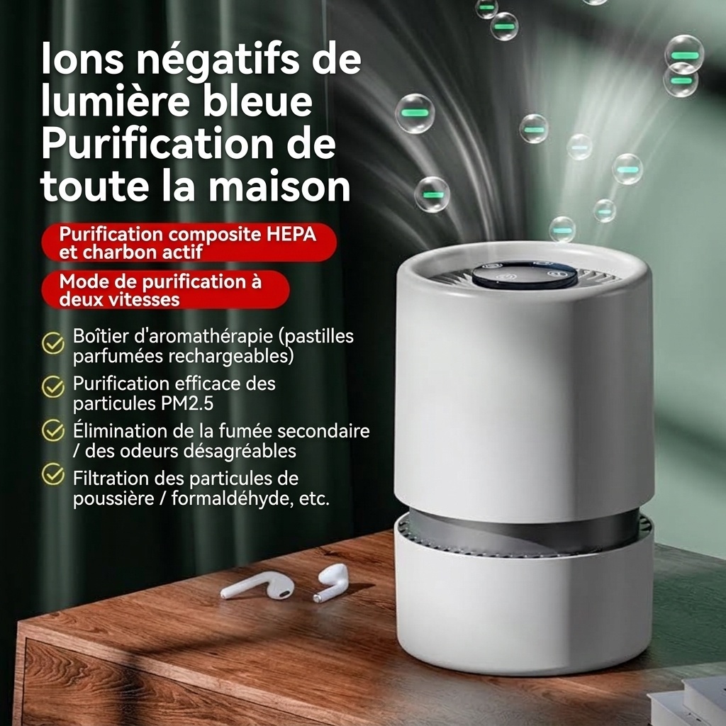 Purificateur d'air portable pour la maison avec filtre HEPA multicouche et parfum intégré, fonctionnement silencieux, élimine la poussière, le pollen et les odeurs, alimentation USB