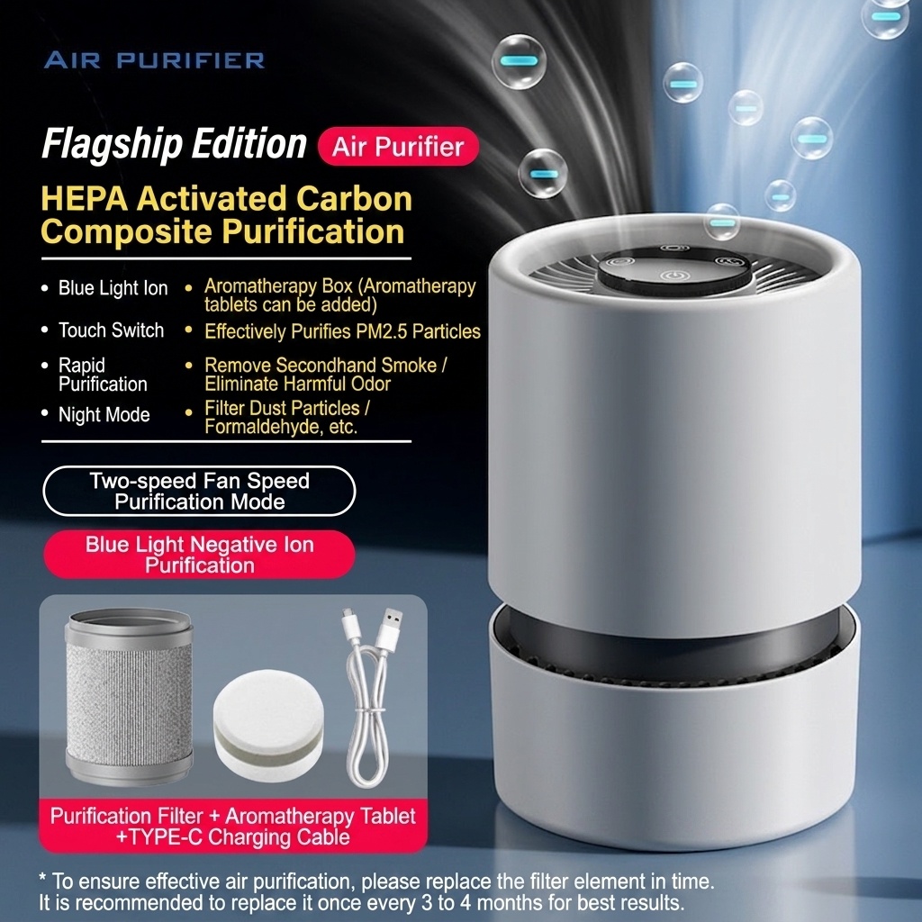 Portable Home Air Purifier with Multi-Layer HEPA Filter & Built-in Fragrance, Quiet Operation Air Cleaner for Dust, Pollen & Odors, USB Powered