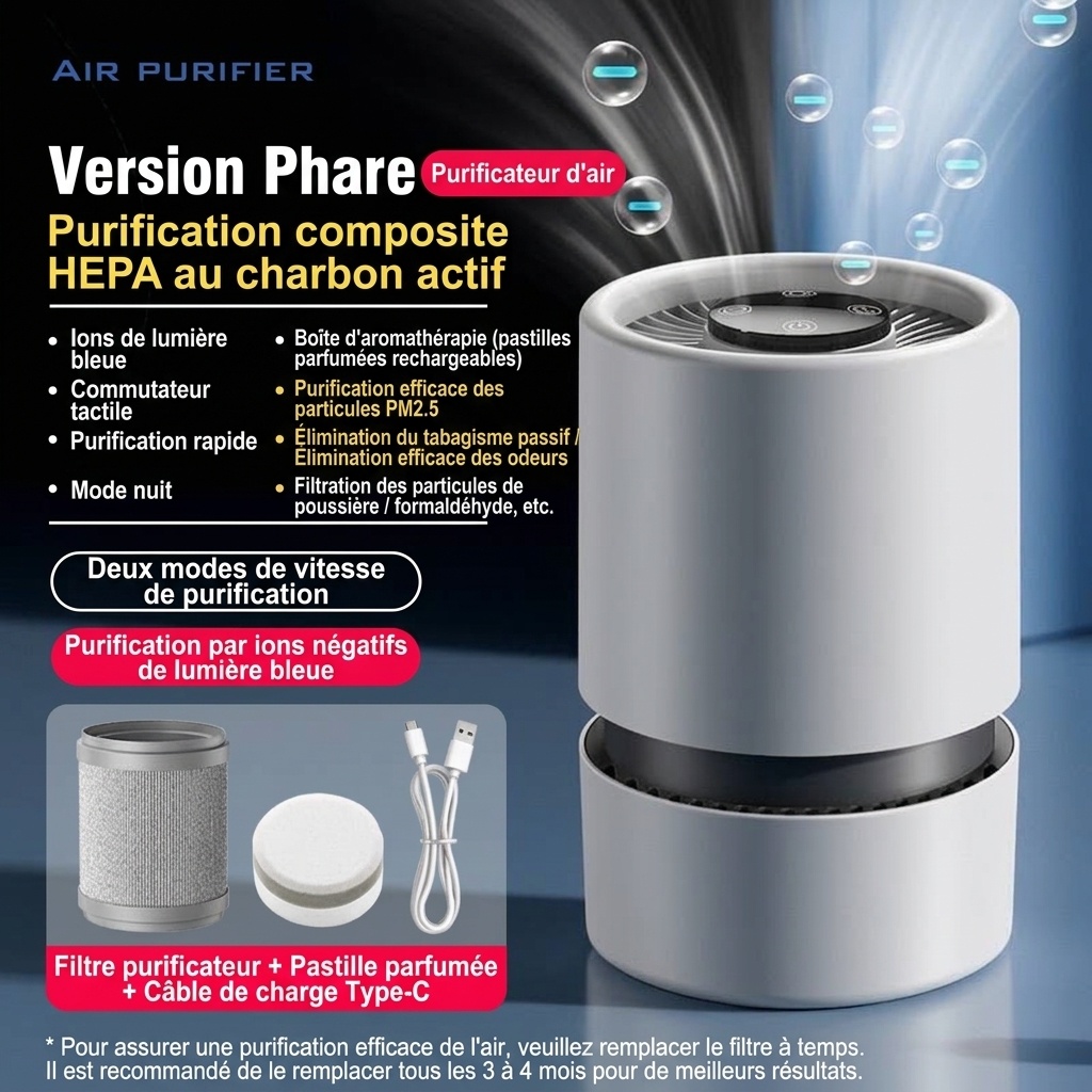Purificateur d'air portable pour la maison avec filtre HEPA multicouche et parfum intégré, fonctionnement silencieux, élimine la poussière, le pollen et les odeurs, alimentation USB