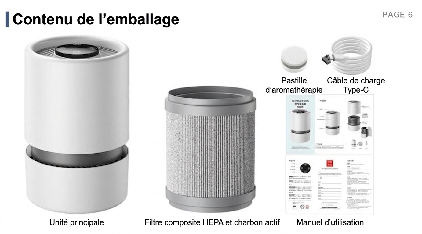 Purificateur d'air portable pour la maison avec filtre HEPA multicouche et parfum intégré, fonctionnement silencieux, élimine la poussière, le pollen et les odeurs, alimentation USB