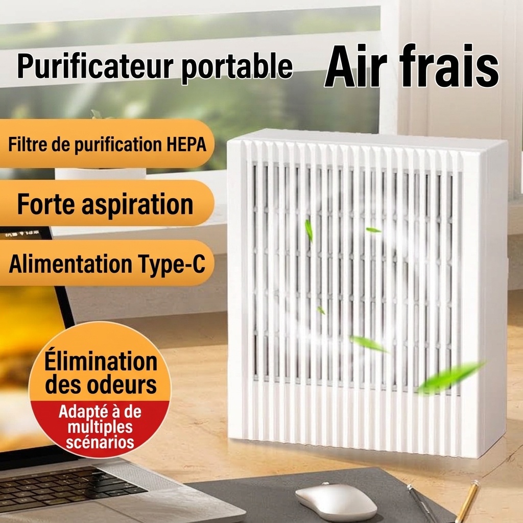 Purificateur d'air compact HEPA et charbon actif avec purification par ions négatifs, fonctionnement silencieux, faible consommation de 5 W, éliminateur d'odeurs USB Type-C