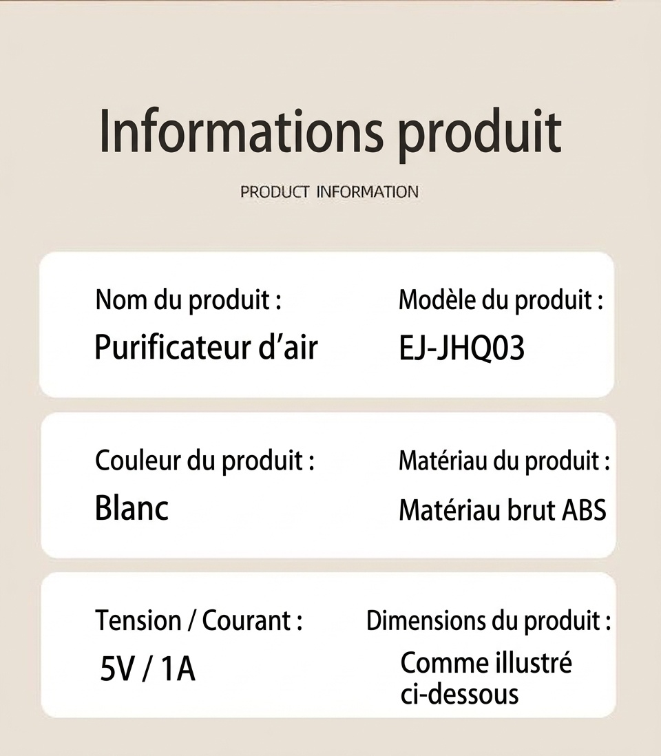 Purificateur d'air compact HEPA et charbon actif avec purification par ions négatifs, fonctionnement silencieux, faible consommation de 5 W, éliminateur d'odeurs USB Type-C