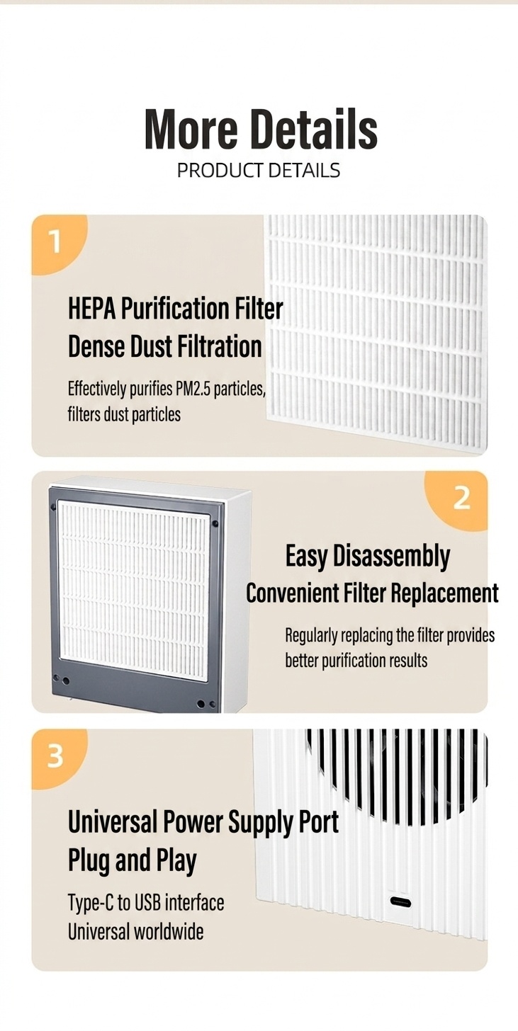 Compact HEPA & Activated Carbon Air Purifier with Negative Ion Purification, Quiet Operation, 5W Efficient Power, Type-C USB Odor Remover