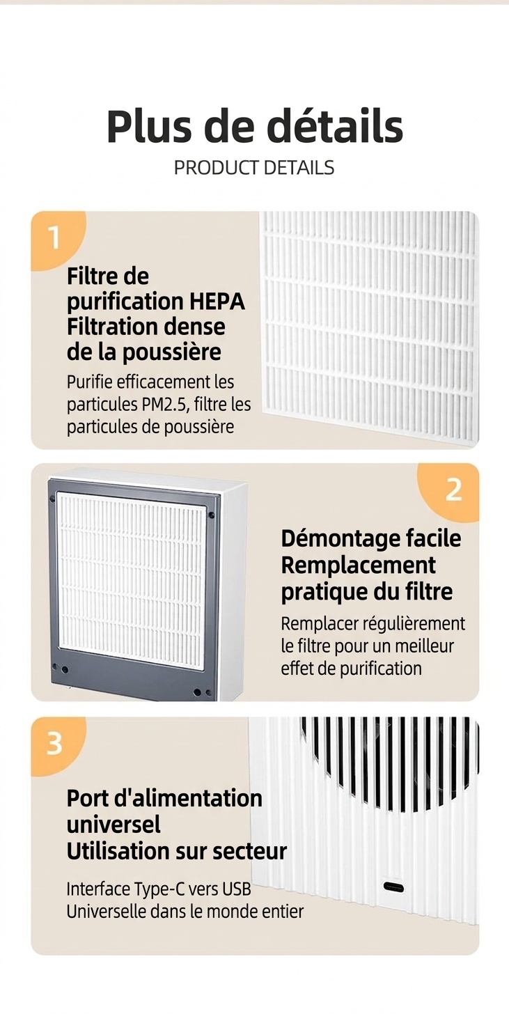 Purificateur d'air compact HEPA et charbon actif avec purification par ions négatifs, fonctionnement silencieux, faible consommation de 5 W, éliminateur d'odeurs USB Type-C