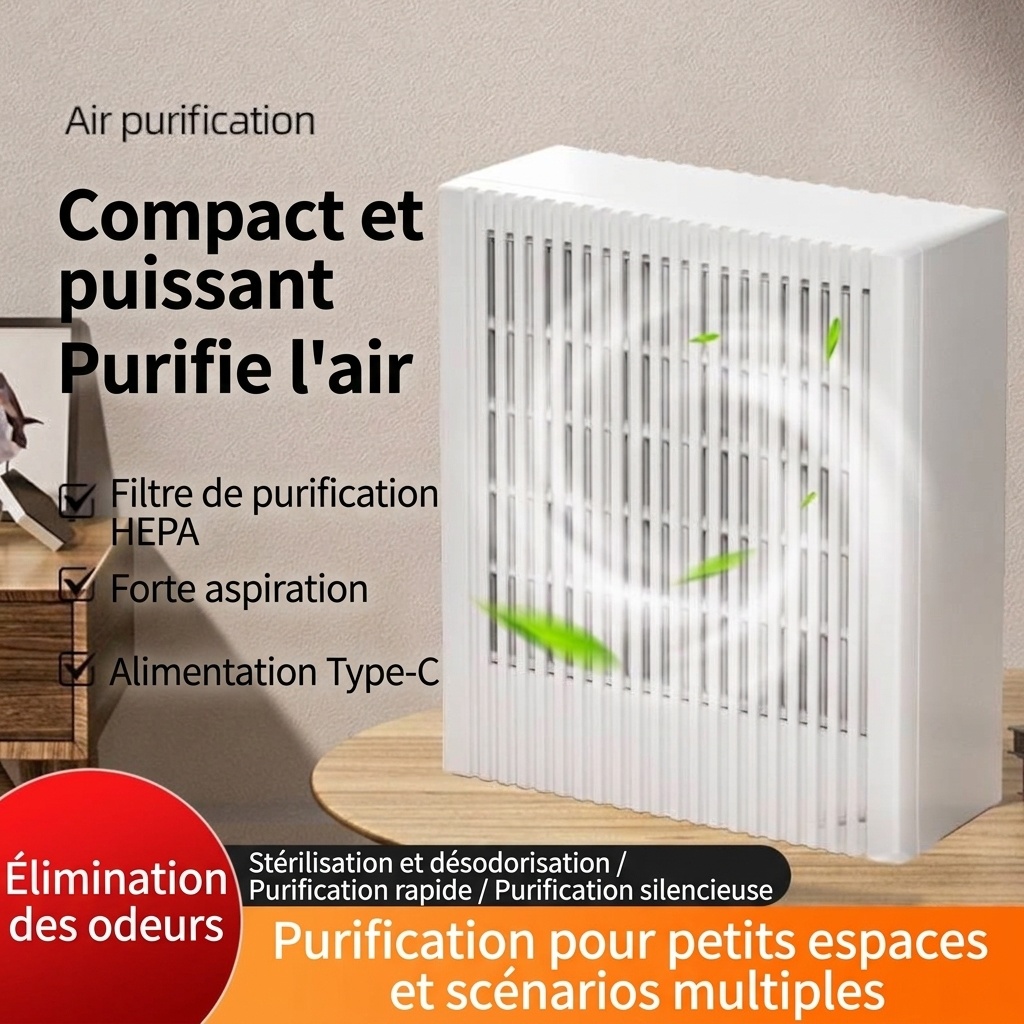 Purificateur d'air compact HEPA et charbon actif avec purification par ions négatifs, fonctionnement silencieux, faible consommation de 5 W, éliminateur d'odeurs USB Type-C