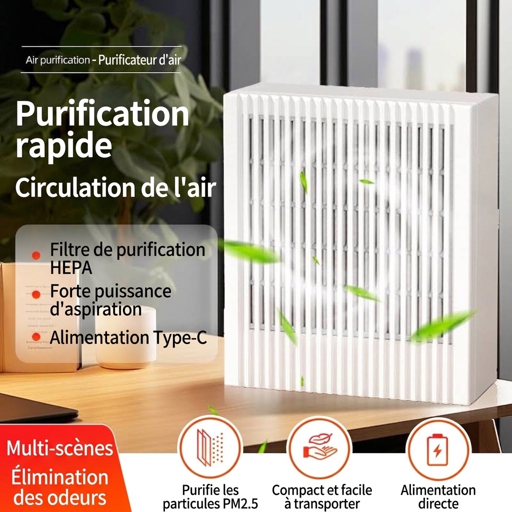 Purificateur d'air compact HEPA et charbon actif avec purification par ions négatifs, fonctionnement silencieux, faible consommation de 5 W, éliminateur d'odeurs USB Type-C