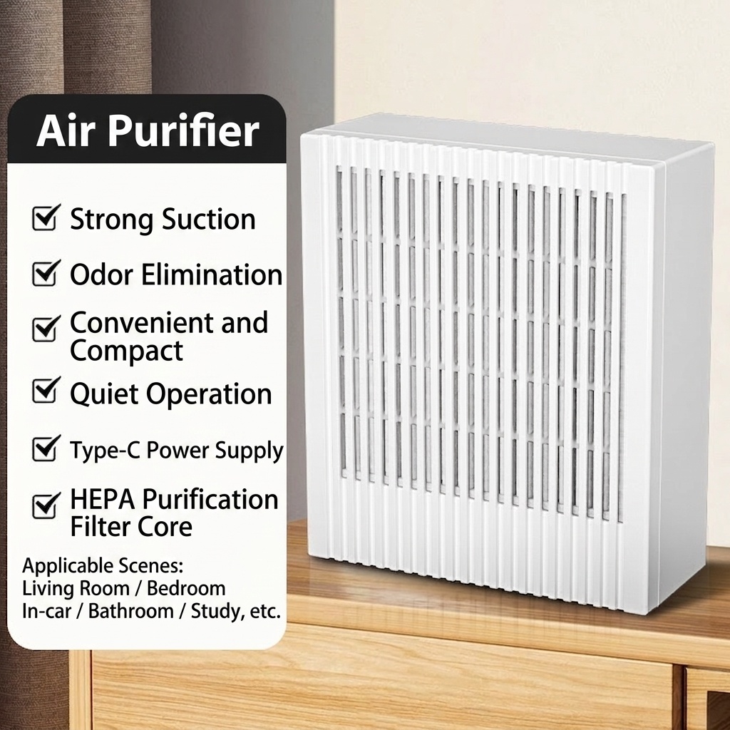Compact HEPA & Activated Carbon Air Purifier with Negative Ion Purification, Quiet Operation, 5W Efficient Power, Type-C USB Odor Remover