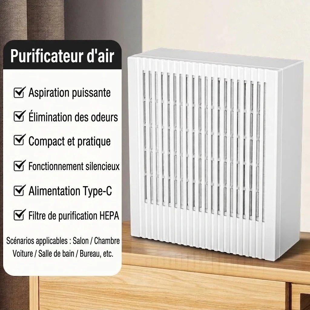 Purificateur d'air compact HEPA et charbon actif avec purification par ions négatifs, fonctionnement silencieux, faible consommation de 5 W, éliminateur d'odeurs USB Type-C