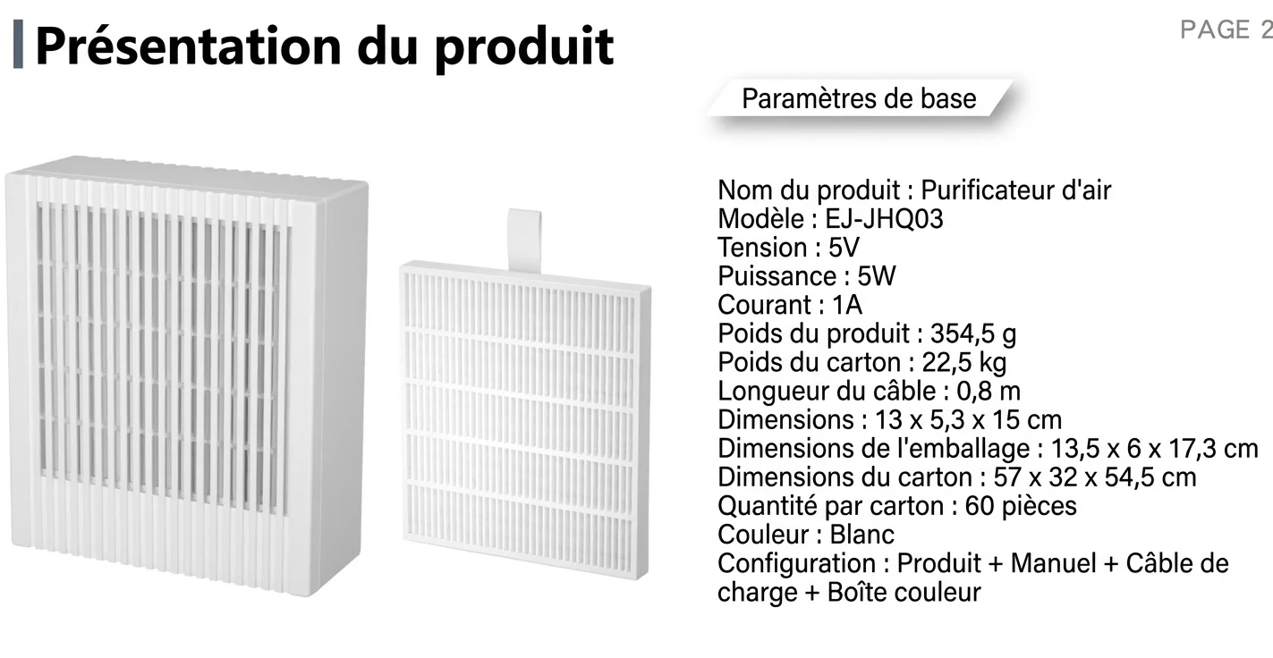 Purificateur d'air compact HEPA et charbon actif avec purification par ions négatifs, fonctionnement silencieux, faible consommation de 5 W, éliminateur d'odeurs USB Type-C
