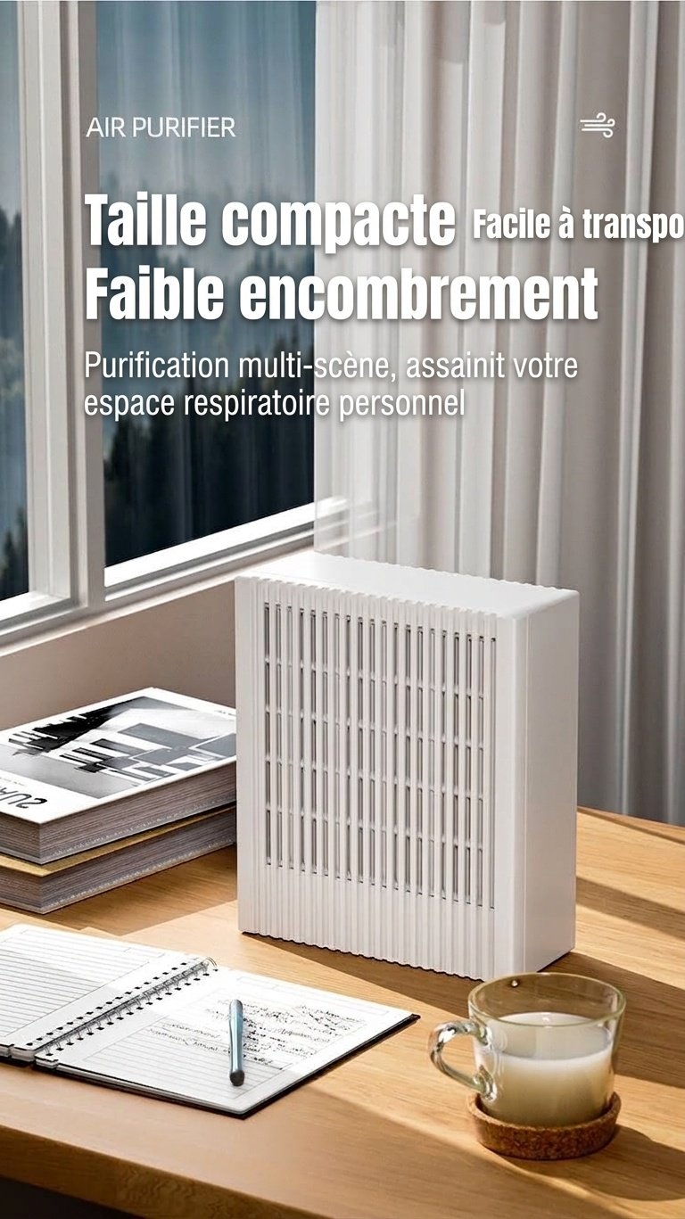 Purificateur d'air compact HEPA et charbon actif avec purification par ions négatifs, fonctionnement silencieux, faible consommation de 5 W, éliminateur d'odeurs USB Type-C