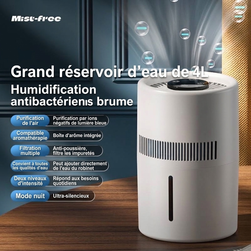 Humidificateur sans buée 3L et purificateur d'air à brume fraîche, humidification de toute la pièce, filtre antibactérien, fonctionnement silencieux, remplissage facile par le haut pour la maison