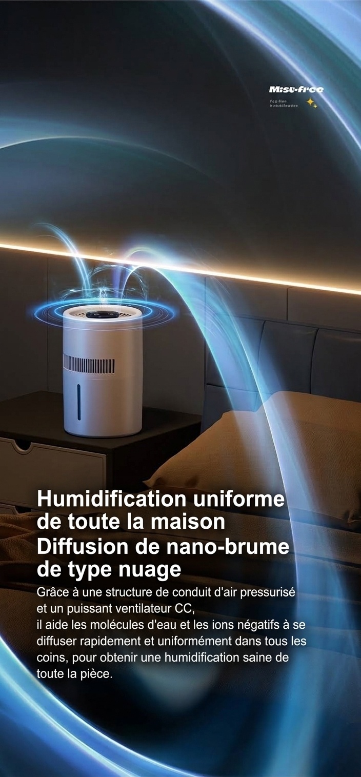 Humidificateur sans buée 3L et purificateur d'air à brume fraîche, humidification de toute la pièce, filtre antibactérien, fonctionnement silencieux, remplissage facile par le haut pour la maison