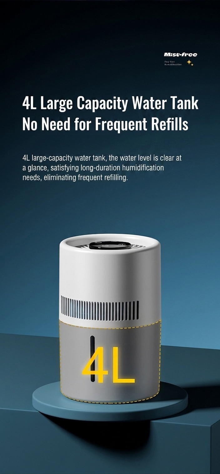 3L Fogless Humidifier & Cool Mist Air Purifier, Whole-Room Humidification, Antibacterial Filter, Quiet Operation, Easy Top-Fill Design for Home
