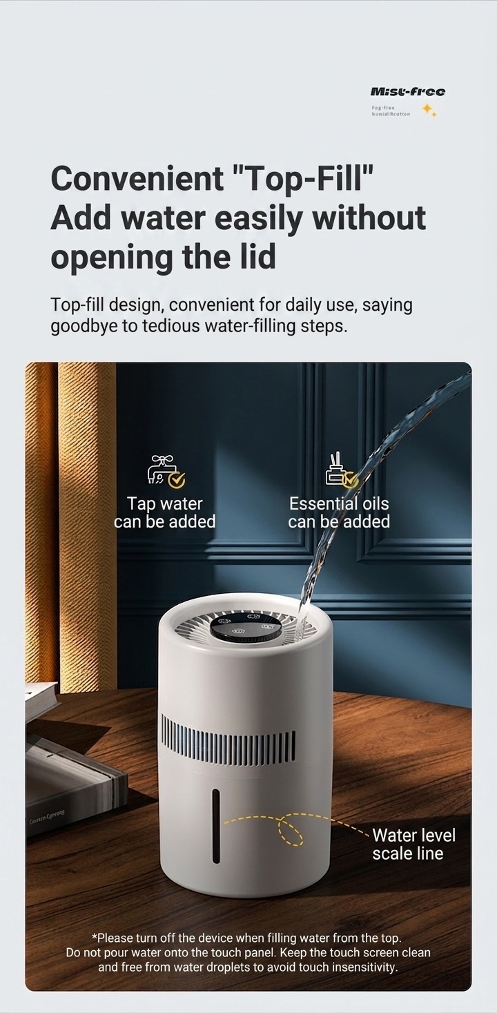 3L Fogless Humidifier & Cool Mist Air Purifier, Whole-Room Humidification, Antibacterial Filter, Quiet Operation, Easy Top-Fill Design for Home
