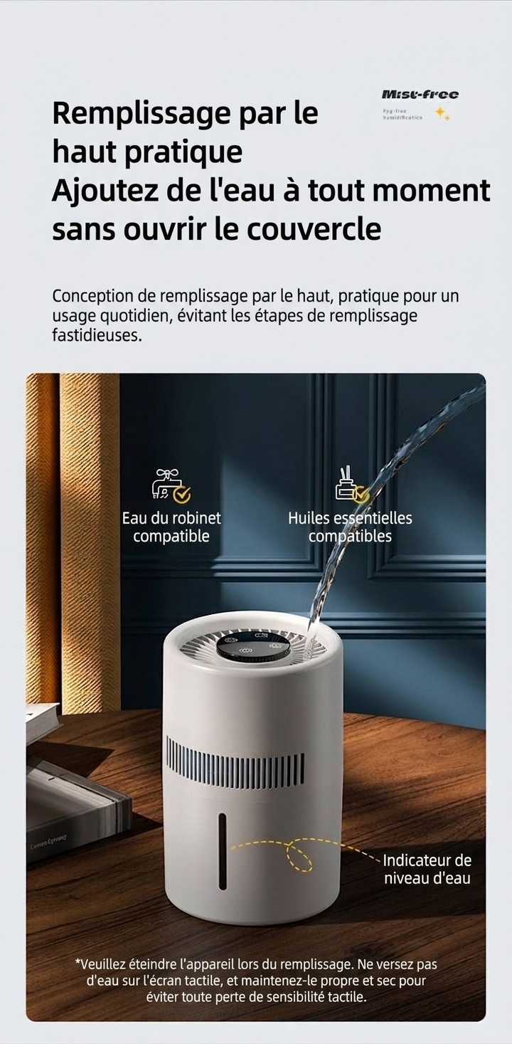 Humidificateur sans buée 3L et purificateur d'air à brume fraîche, humidification de toute la pièce, filtre antibactérien, fonctionnement silencieux, remplissage facile par le haut pour la maison