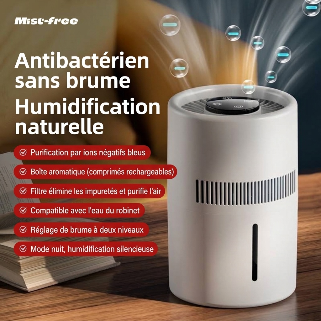 Humidificateur sans buée 3L et purificateur d'air à brume fraîche, humidification de toute la pièce, filtre antibactérien, fonctionnement silencieux, remplissage facile par le haut pour la maison