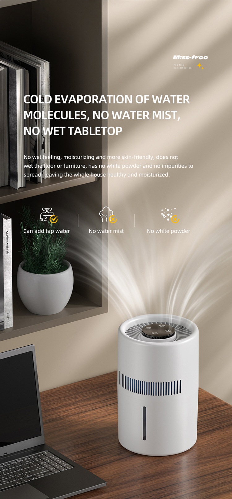 3L Fogless Humidifier & Cool Mist Air Purifier, Whole-Room Humidification, Antibacterial Filter, Quiet Operation, Easy Top-Fill Design for Home