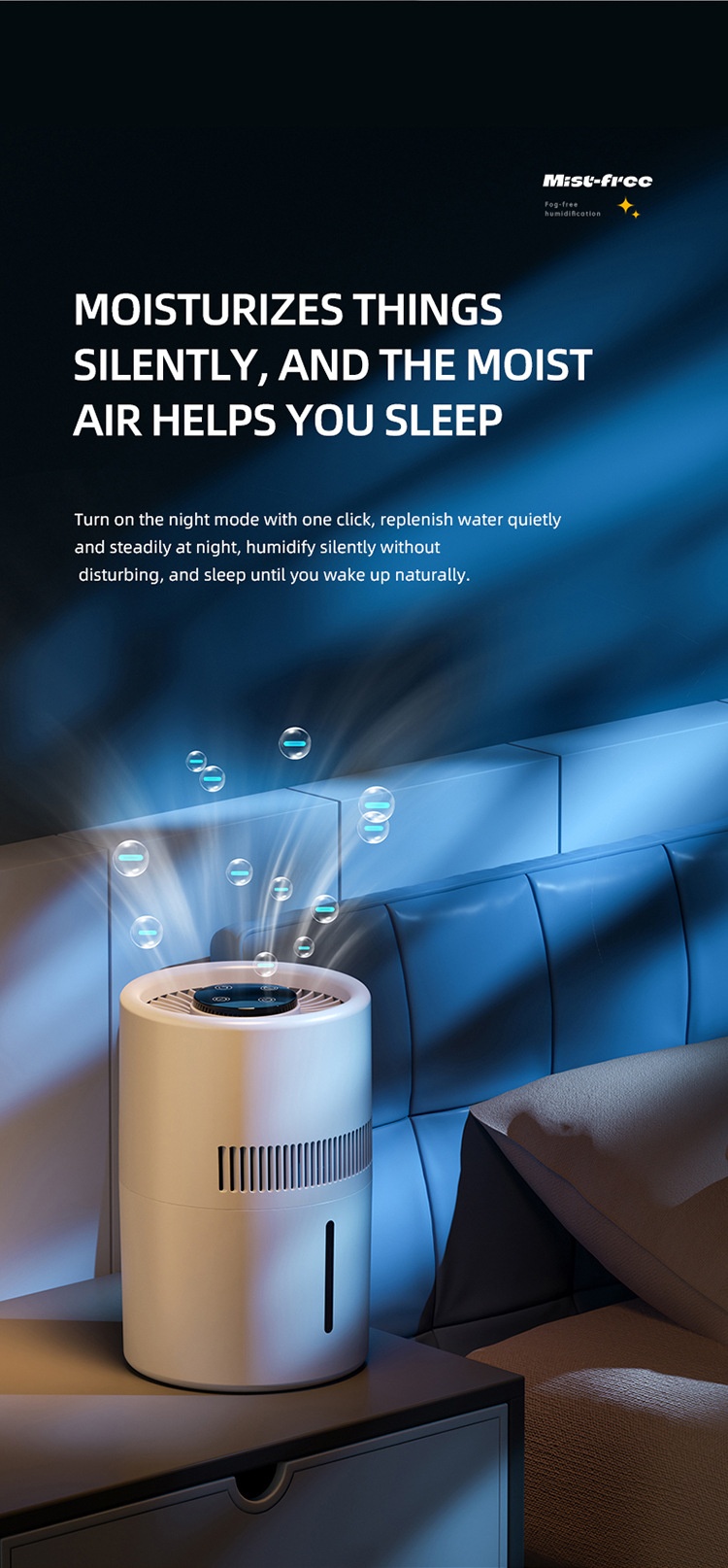 3L Fogless Humidifier & Cool Mist Air Purifier, Whole-Room Humidification, Antibacterial Filter, Quiet Operation, Easy Top-Fill Design for Home