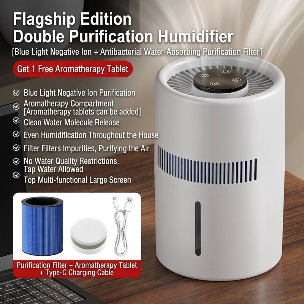 3L Fogless Humidifier & Cool Mist Air Purifier, Whole-Room Humidification, Antibacterial Filter, Quiet Operation, Easy Top-Fill Design for Home