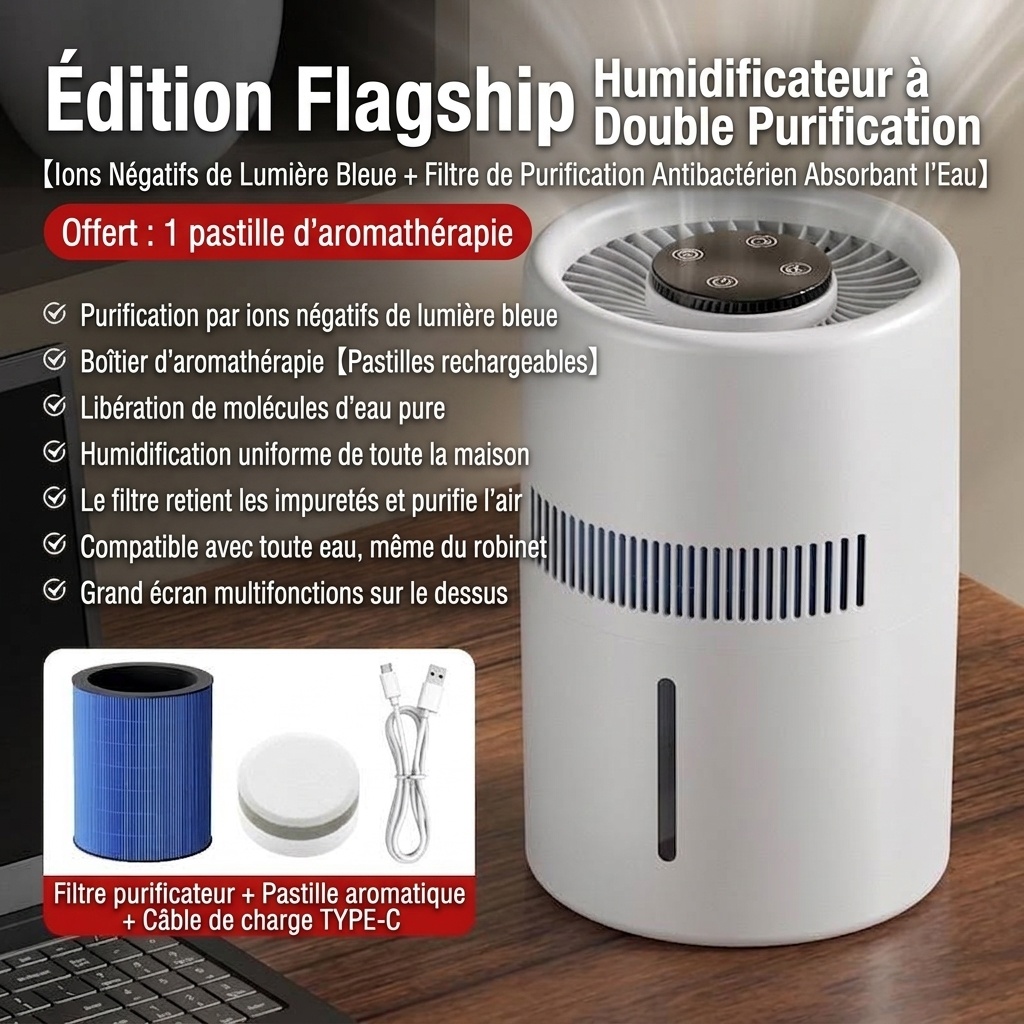 Humidificateur sans buée 3L et purificateur d'air à brume fraîche, humidification de toute la pièce, filtre antibactérien, fonctionnement silencieux, remplissage facile par le haut pour la maison