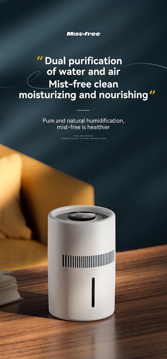 3L Fogless Humidifier & Cool Mist Air Purifier, Whole-Room Humidification, Antibacterial Filter, Quiet Operation, Easy Top-Fill Design for Home