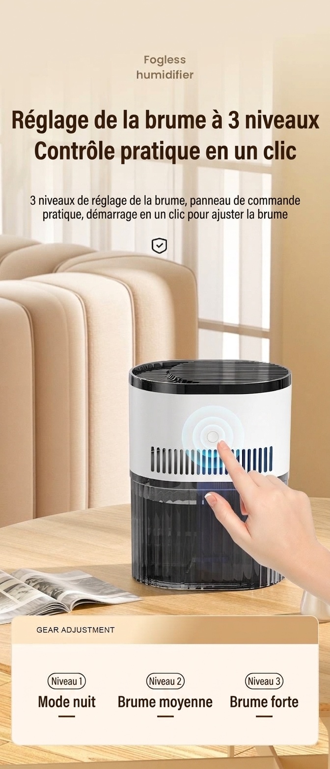Humidificateur portable à double brume de 1,8 L, fonctionnement silencieux, 20 heures d'humidification continue, veilleuse apaisante, humidificateur à brume aromatique rechargeable par USB pour la maison et le bureau