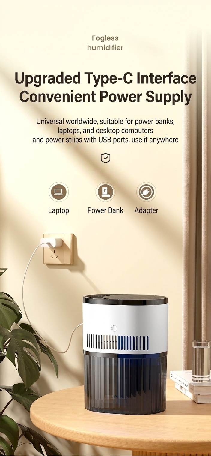 1.8L Portable Dual-Mist Humidifier, Silent Operation, 20-Hour Continuous Moisture, Soothing Night Light, USB Rechargeable Aroma Mist Humidifier for Home & Office